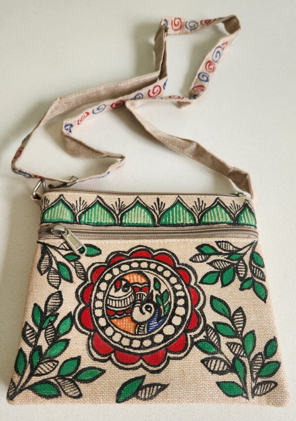 Madhubani Sling Bag Peacock Leaf Jute