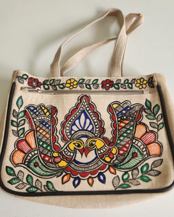 Madhubani Handbag Twin Peacock Jute
