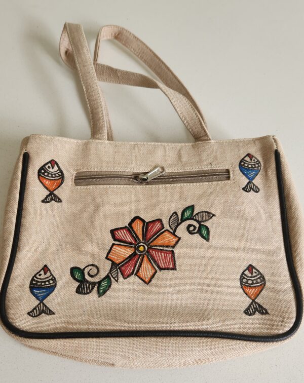 Madhubani Handbag Twin Peacock Jute - Image 2