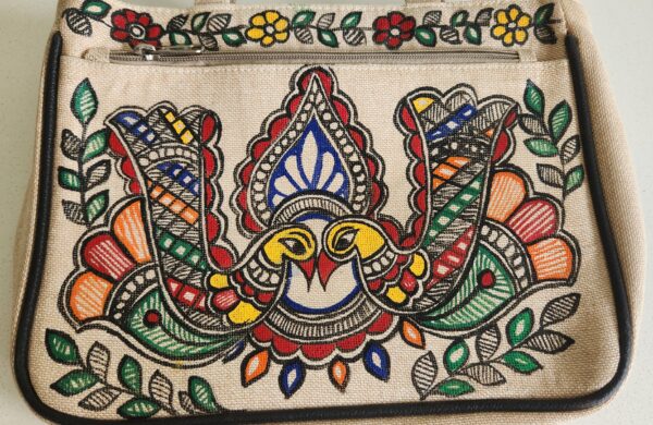 Madhubani Handbag Twin Peacock Jute - Image 3