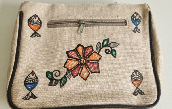 Madhubani Handbag Twin Peacock Jute - Image 4