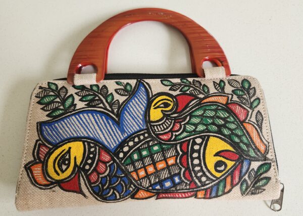 Madhubani Clutch Purse Cream Fish Peacock Jute
