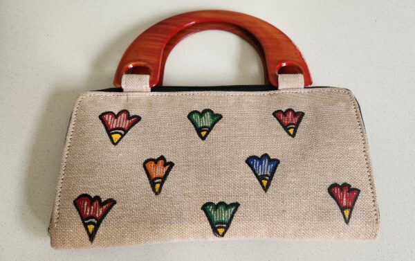 Madhubani Clutch Purse Cream Fish Peacock Jute - Image 2