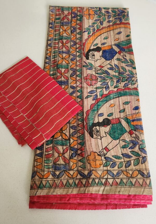 Madhubani Hand Painted Silk Saree (Crimson Red)