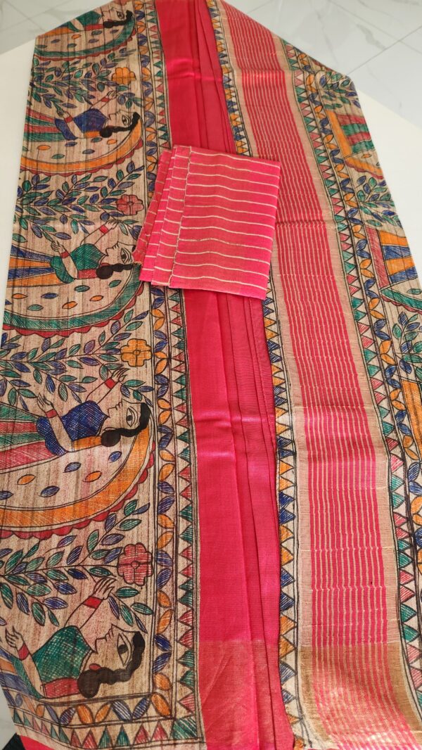 Madhubani Hand Painted Silk Saree (Crimson Red) - Image 2