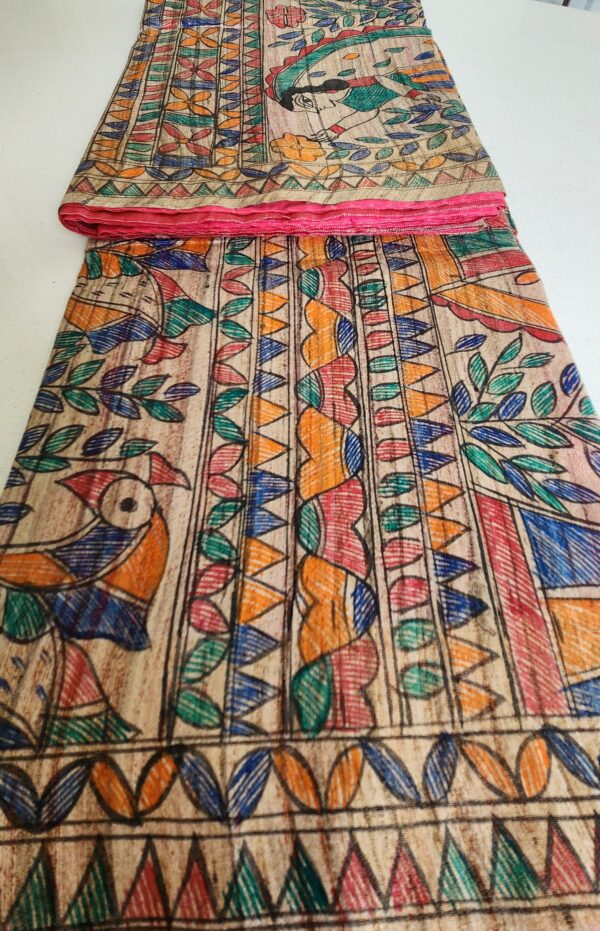 Madhubani Hand Painted Silk Saree (Crimson Red) - Image 3