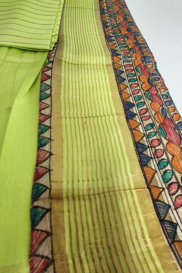 Madhubani Hand Painted Silk Saree (Green) - Image 3