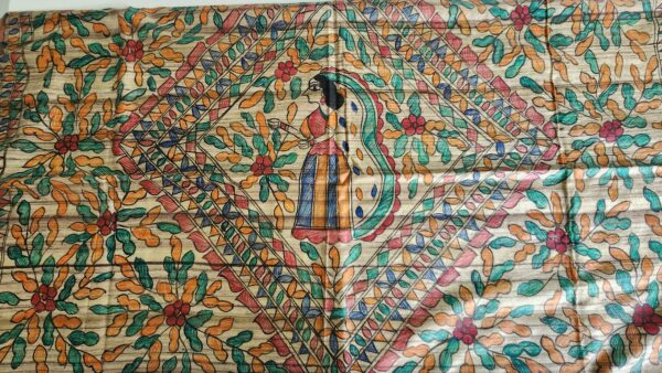 Madhubani Hand Painted Silk Saree (Green) - Image 4
