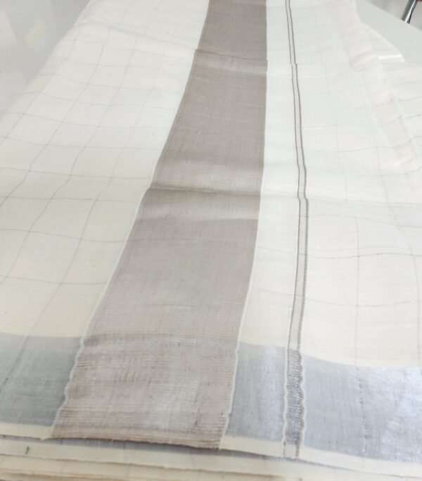 Kerala Cotton Silk Cream Saree with Blouse Silver Border - Image 2