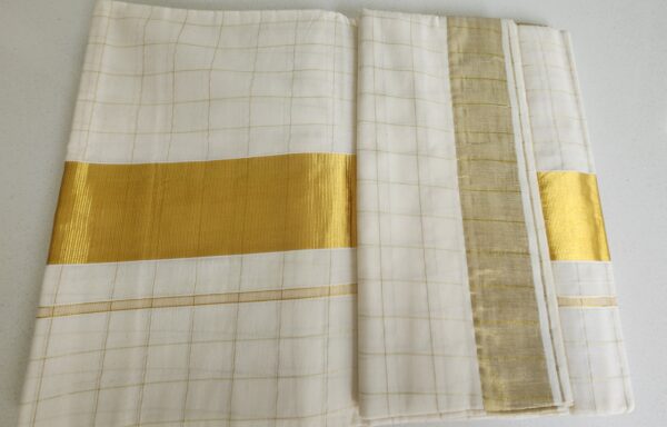 Kerala Cotton Silk Cream Saree with Blouse Golden Border - Image 2
