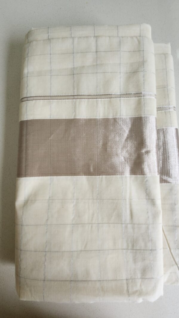 Kerala Cotton Silk Cream Saree with Blouse Silver Border - Image 3