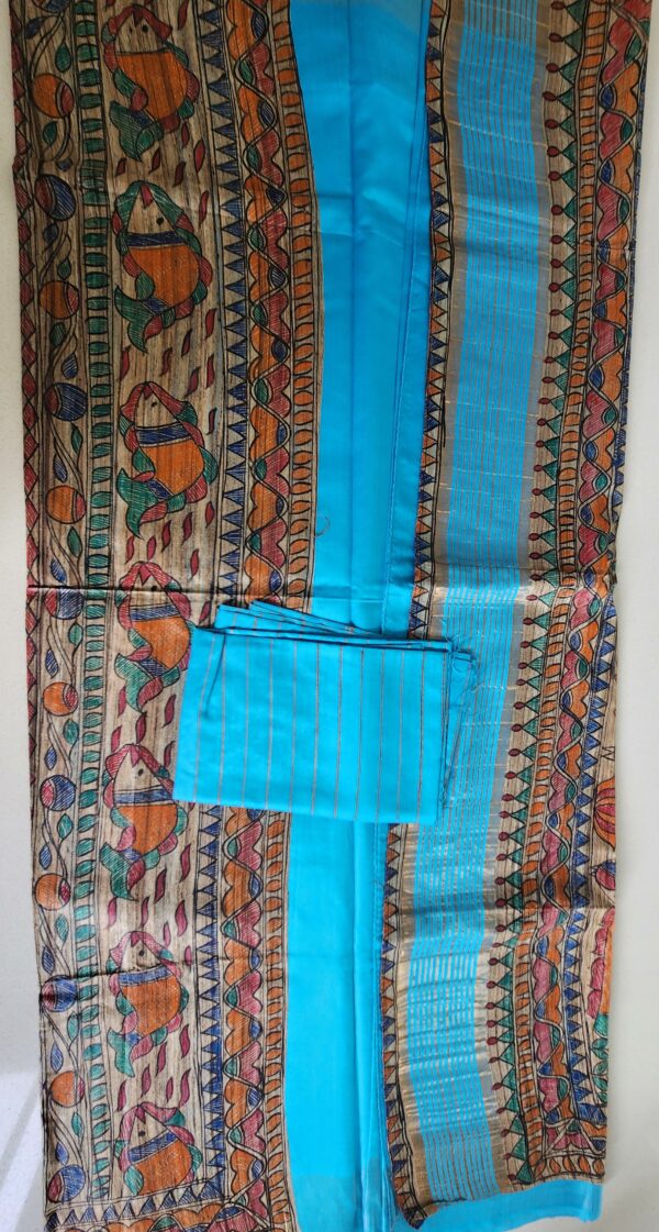 Madhubani Hand Painted Silk Saree (Blue) - Image 2