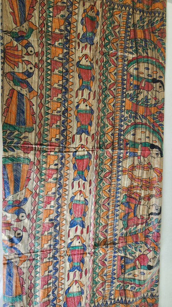 Madhubani Hand Painted Silk Saree (Blue) - Image 5