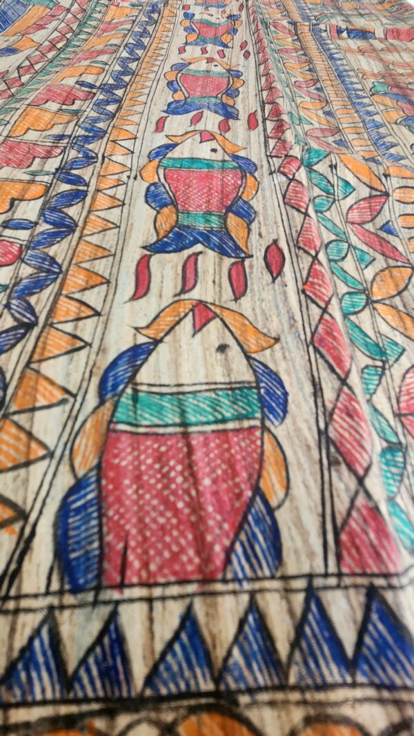 Madhubani Hand Painted Silk Saree (Blue) - Image 4