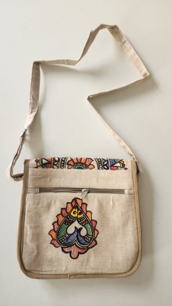 Madhubani Sling Bag Lotus Jute - Image 3