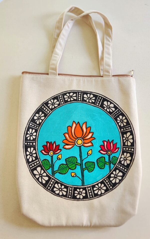 Madhubani Canvas Tote Bag Lotus and Peacock