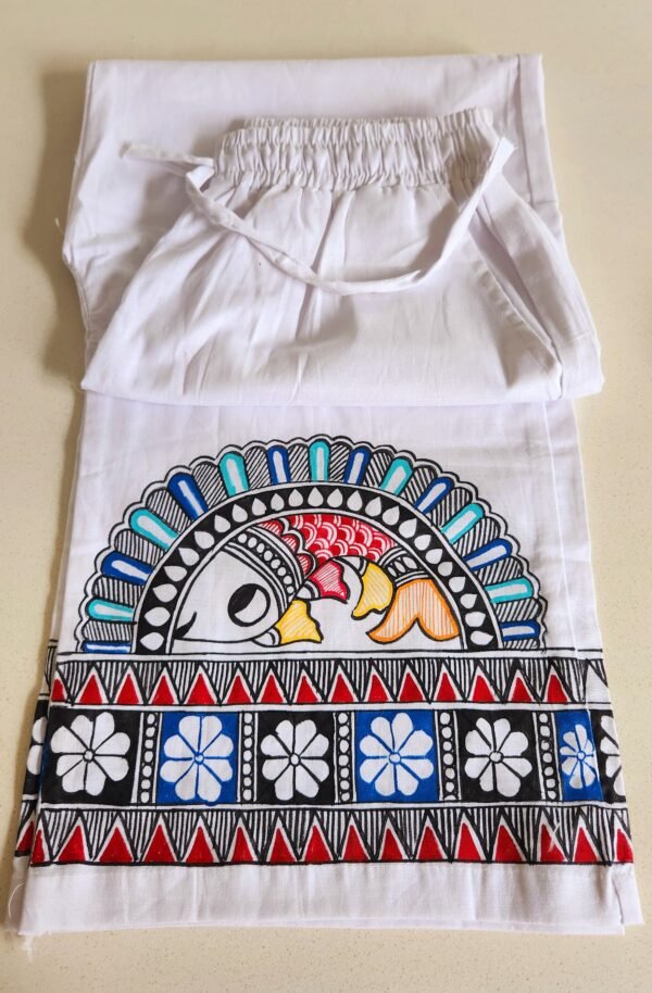 Madhubani Palazzo White Fish Flower - Image 3