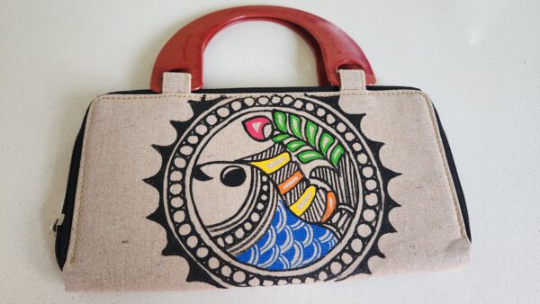Madhubani Clutch Purse Cream Lotus Fish Jute