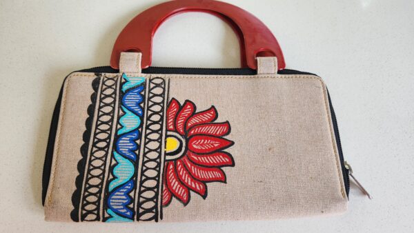 Madhubani Clutch Purse Cream Lotus Fish Jute - Image 2