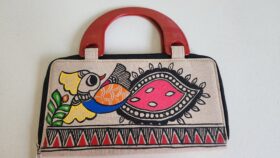 Madhubani Clutch Purse Cream Peacock Fish Jute
