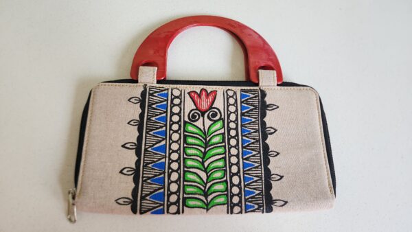 Madhubani Clutch Purse Cream Lotus Jute - Image 2