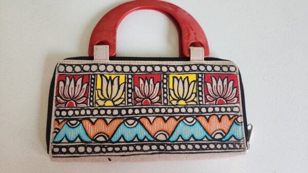 Madhubani Clutch Purse Cream Lotus Jute