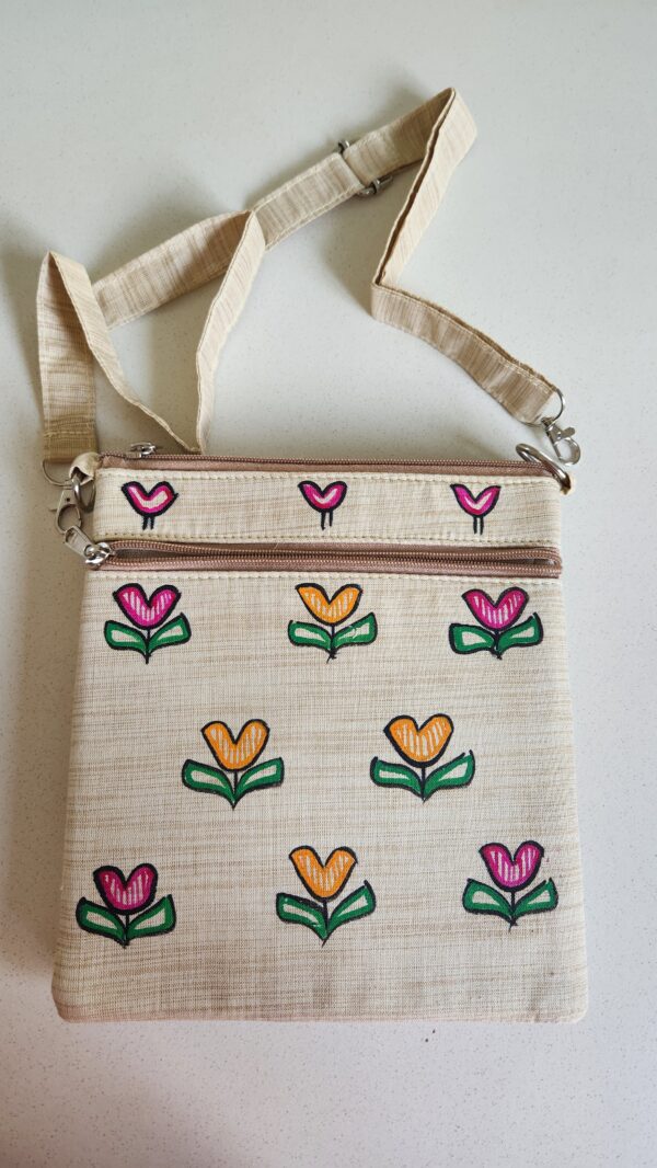 Madhubani Sling Bag Lotus Cream Canvas - Image 2