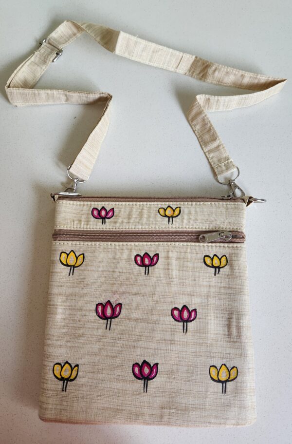 Madhubani Sling Bag Lotus Cream Canvas - Image 2
