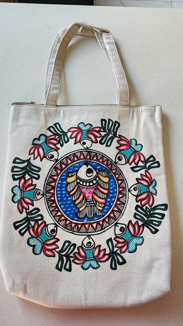 Madhubani Canvas Tote Bag Fish Peacock Canvas
