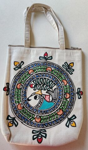 Madhubani Canvas Tote Bag Fish Peacock Canvas