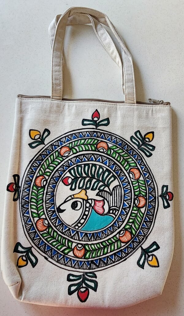 Madhubani Canvas Tote Bag Fish Peacock Canvas