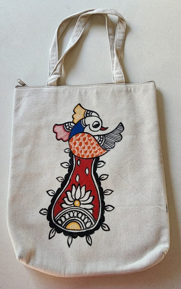 Madhubani Canvas Tote Bag Fish Peacock Canvas - Image 2